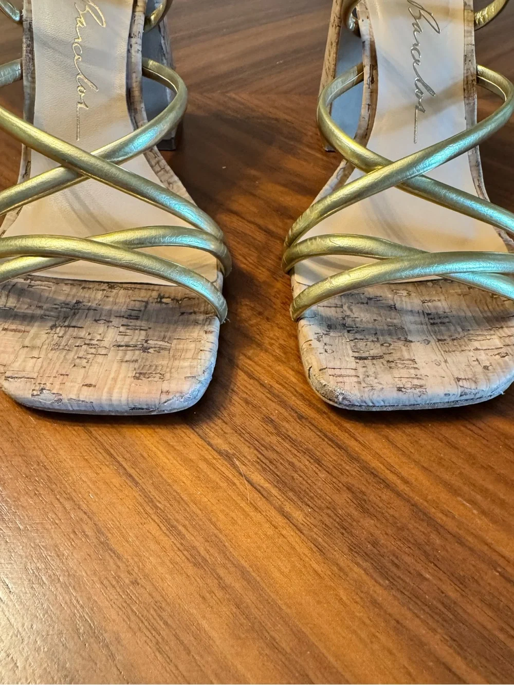 Luiza Barcelos Gold Metallic Strappy Cork Block Heel Sandals US 9